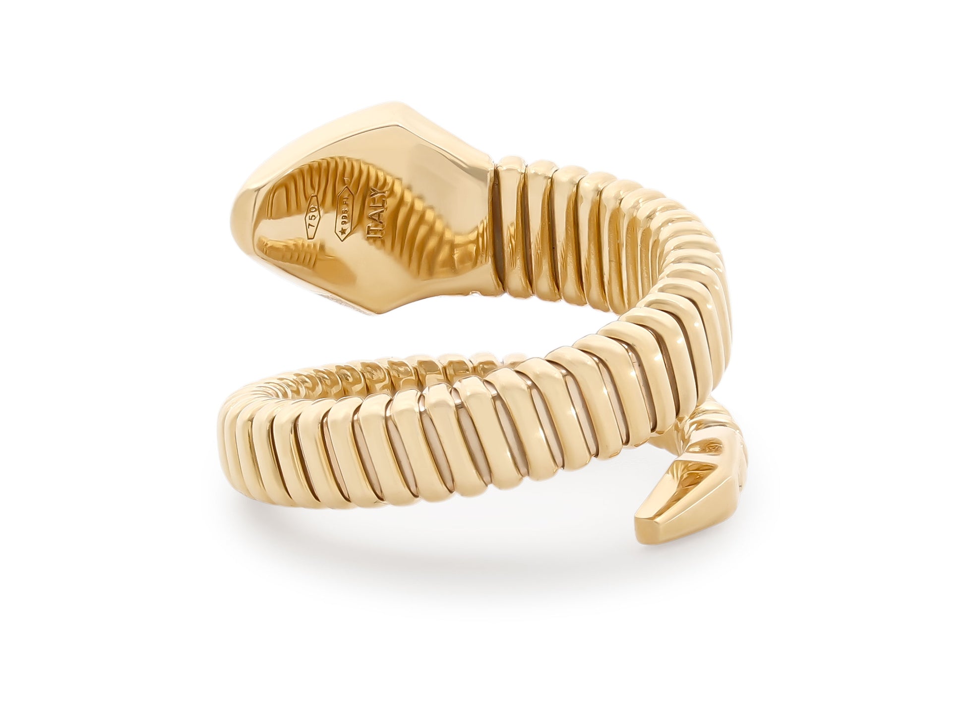 Viper Snake Ring in 18K Gold, by Beladora, flexible coiled bypass ring shaped like a snake and handcrafted in Italy