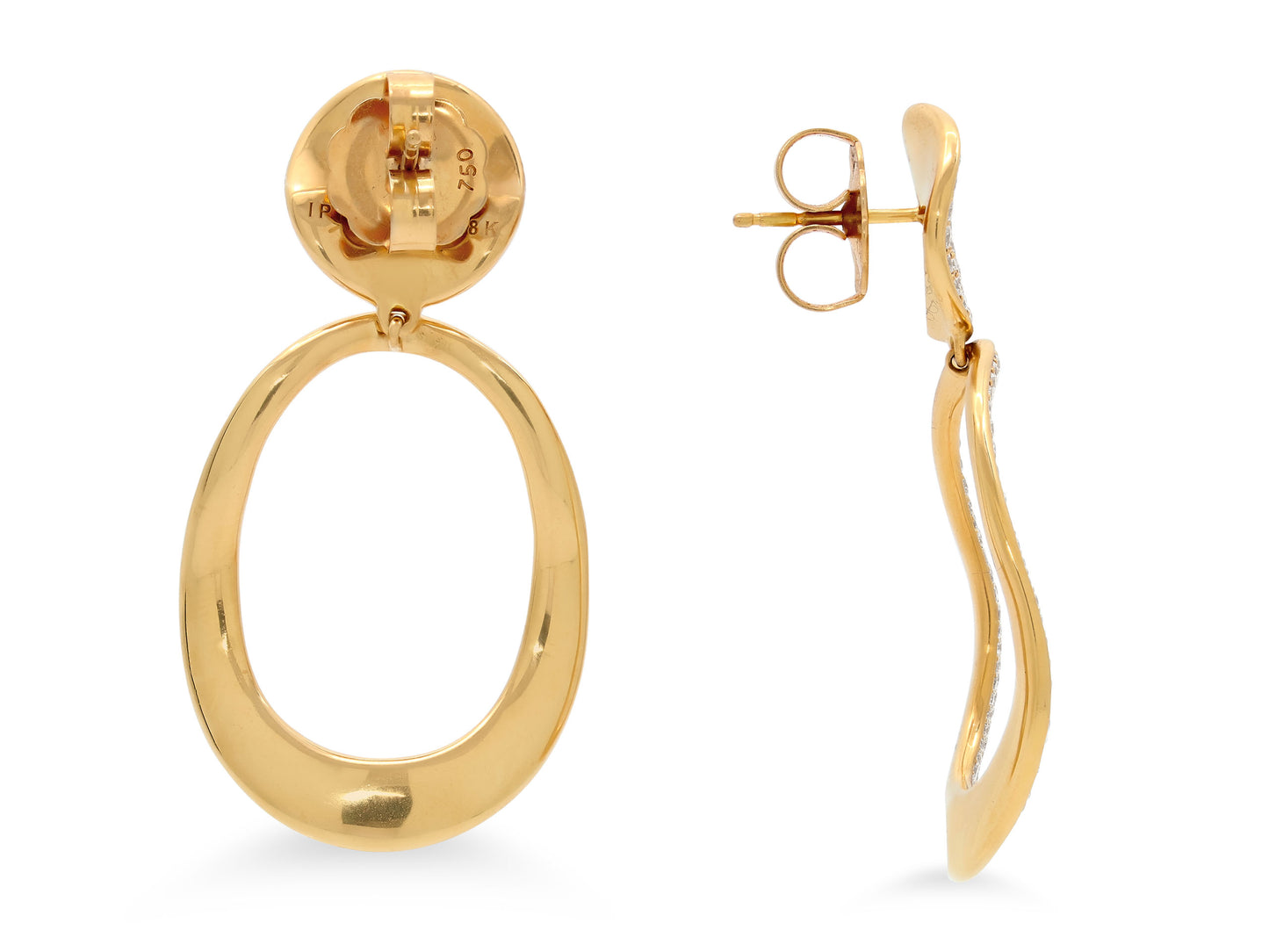 Ippolita 'Stardust' Diamond Drop Earrings in 18K Gold by Beladora, shown from the back and side with sculpted discs, oval hoops, posts, and friction backs.