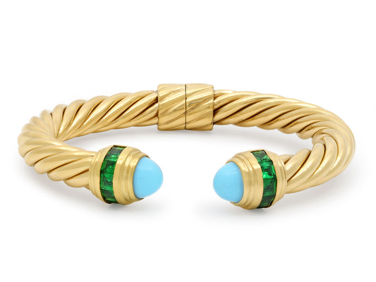 David Yurman 'Cablespira' Turquoise and Tsavorite Bracelet in 18K Gold