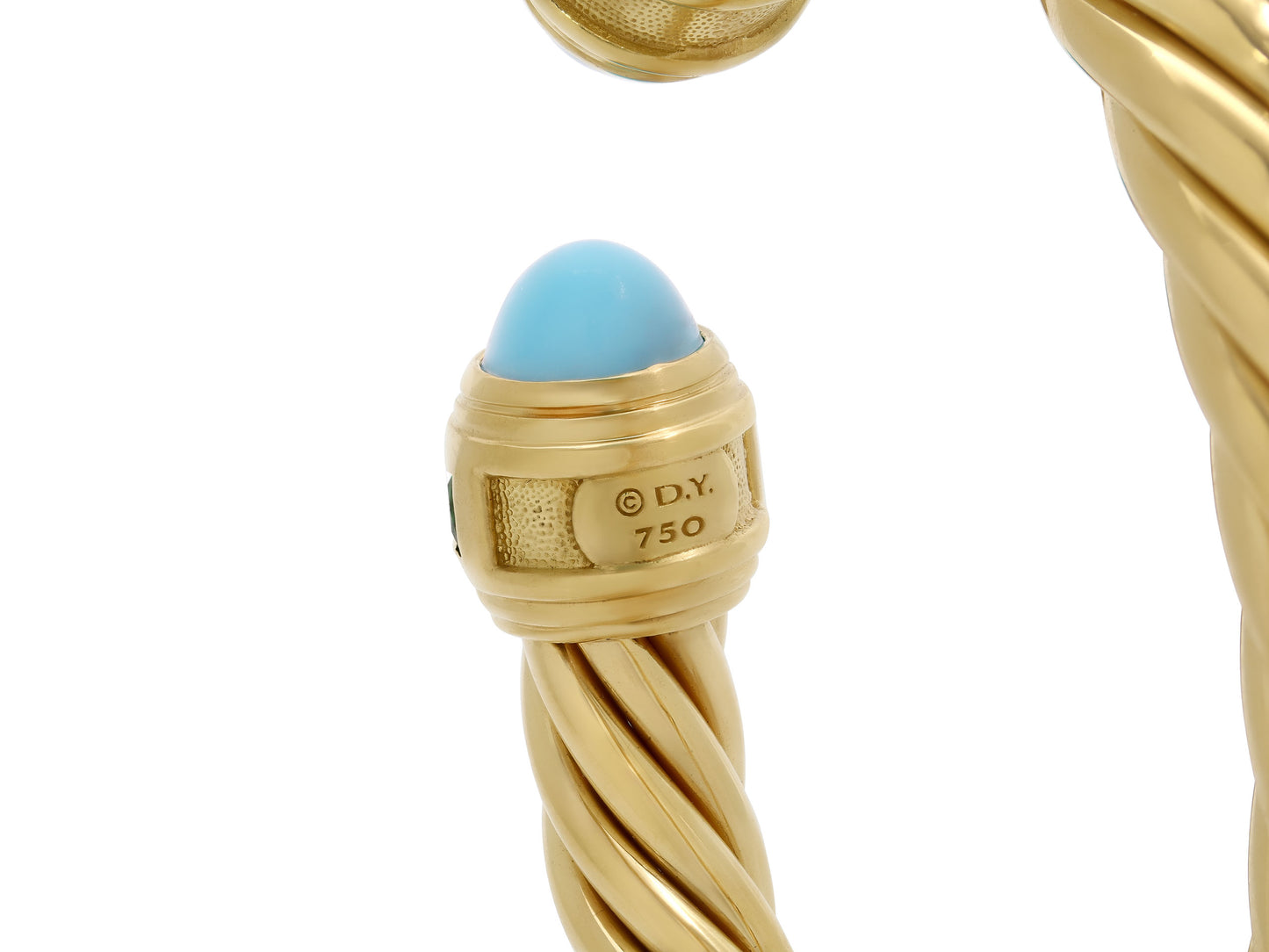 David Yurman 'Cablespira' Turquoise and Tsavorite Bracelet in 18K Gold close up showing turquoise cabochon, twisted cable detail, and D.Y. 750 hallmark from Beladora