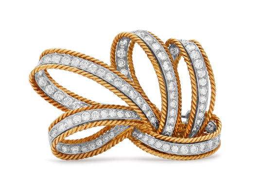 Diamond Ribbon Brooch in 18K Gold and Platinum