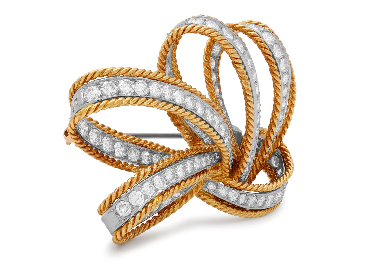 Diamond Ribbon Brooch in 18K Gold and Platinum