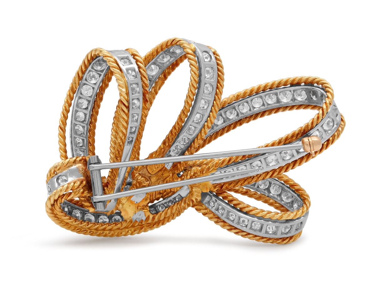 Diamond Ribbon Brooch in 18K Gold and Platinum