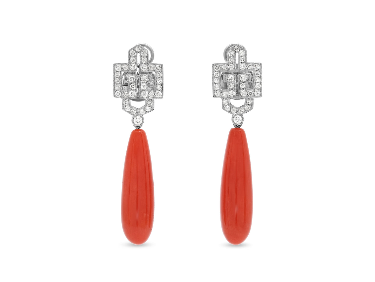 Coral and Diamond Earrings in 18K White Gold