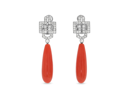 Coral and Diamond Earrings in 18K White Gold