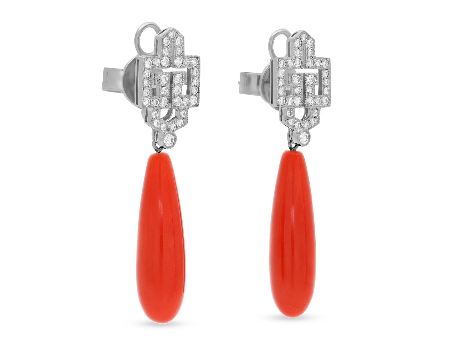 Coral and Diamond Earrings in 18K White Gold
