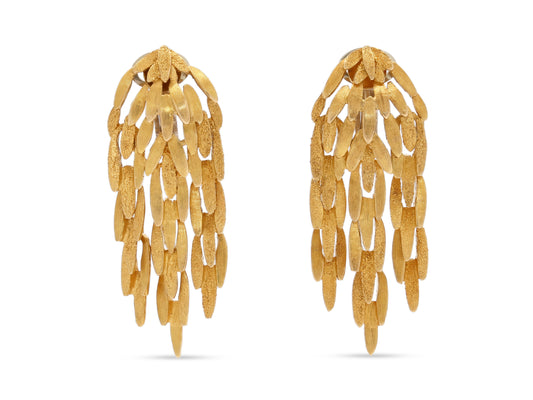 Leaf Earrings in 18K Gold by Beladora, featuring cascading elongated navette links with alternating hand hammered and fluted finishes, shown as a pair.