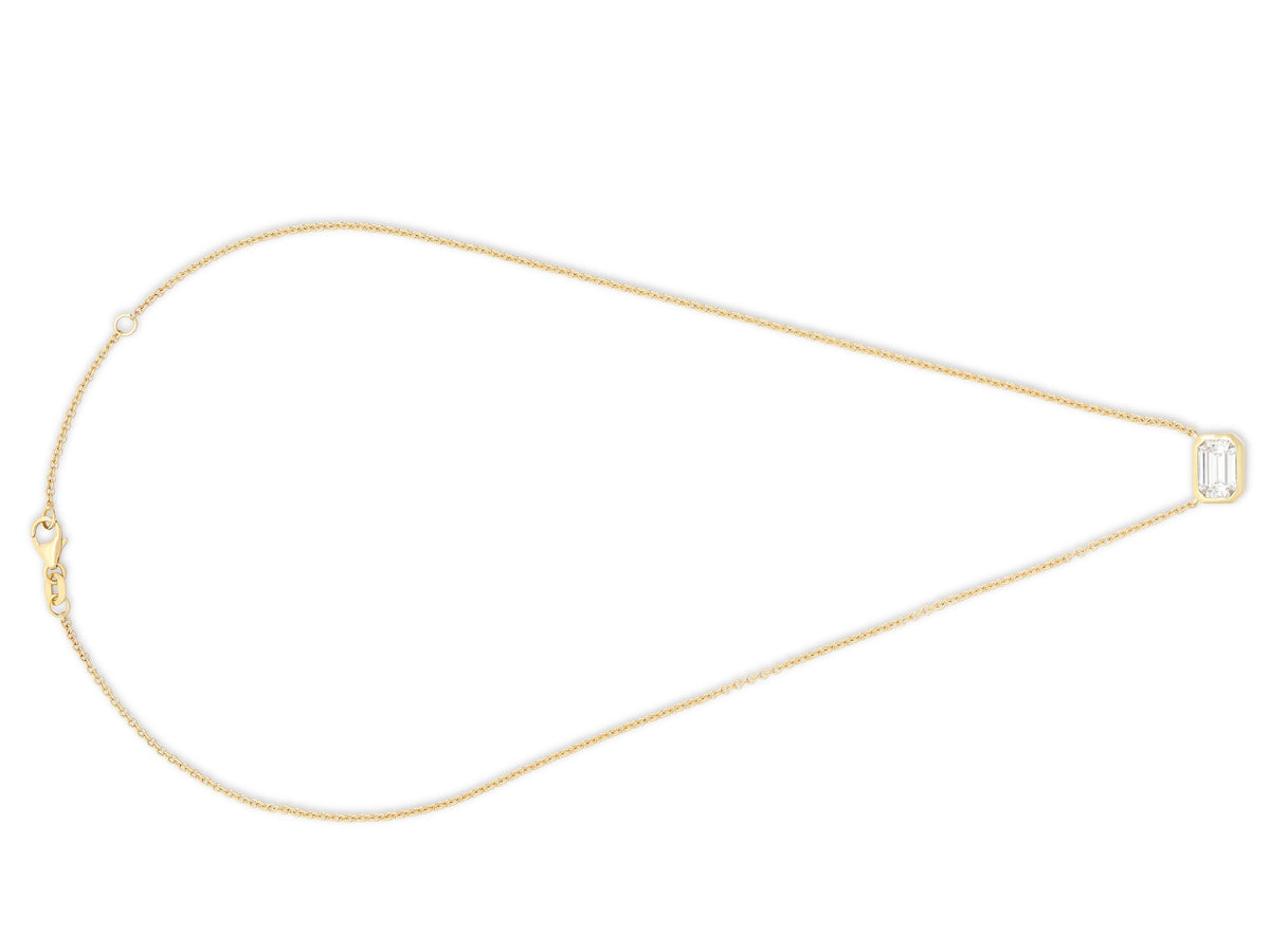 Beladora 'Bespoke' Emerald Cut Diamond Pendant Necklace, 1.33 carat G/VS1, in 18K Gold, shown with fine gold chain and bezel set pendant on white background