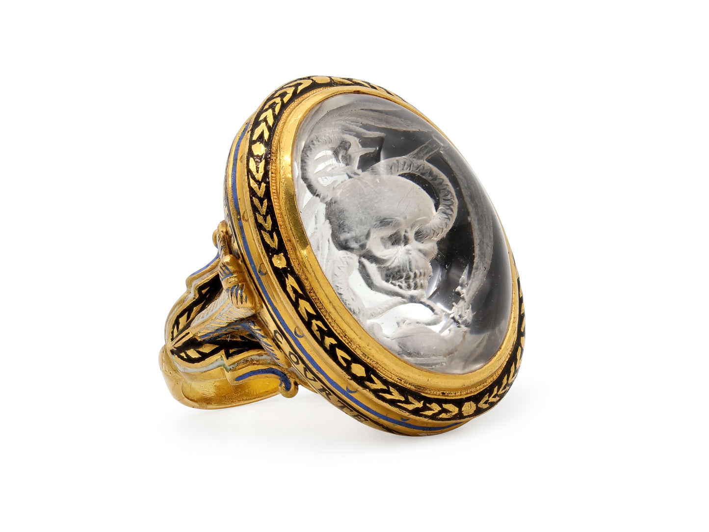 'La vie est courte, la mort éternelle' Reverse Carved Crystal and Enamel Ring, attributed to Codognato, in 18K Gold