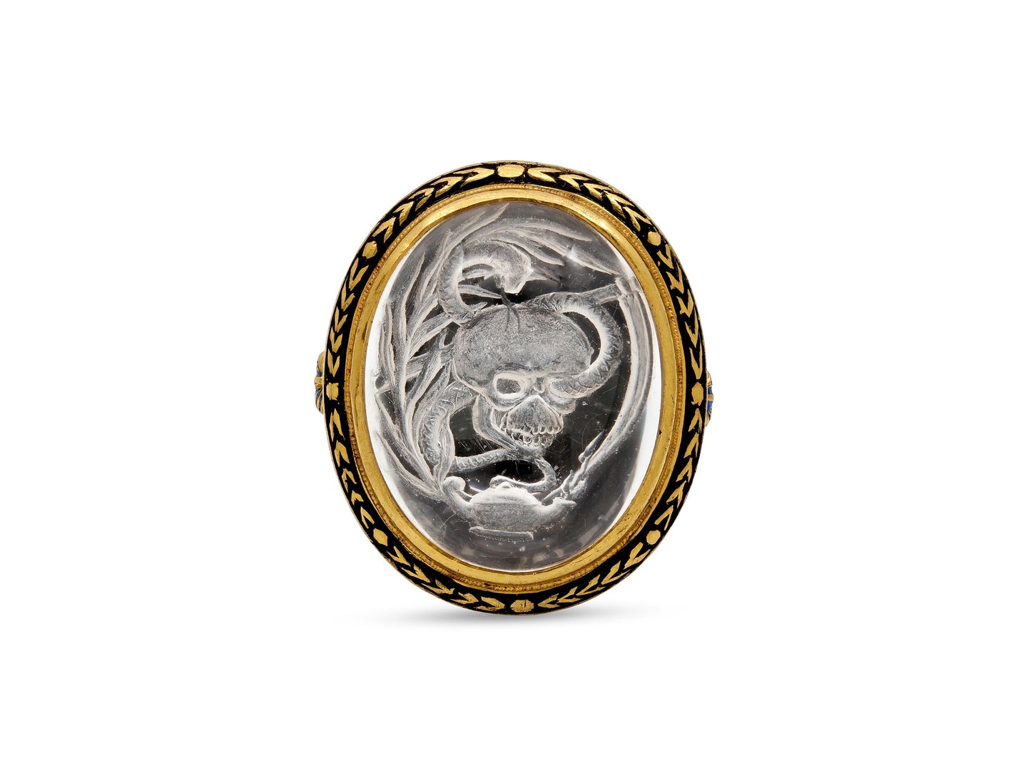 'La vie est courte, la mort éternelle' Reverse Carved Crystal and Enamel Ring, attributed to Codognato, in 18K Gold