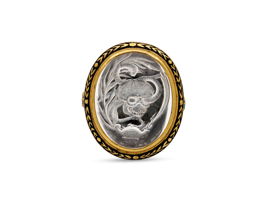 'La vie est courte, la mort éternelle' Reverse Carved Crystal and Enamel Ring, attributed to Codognato, in 18K Gold
