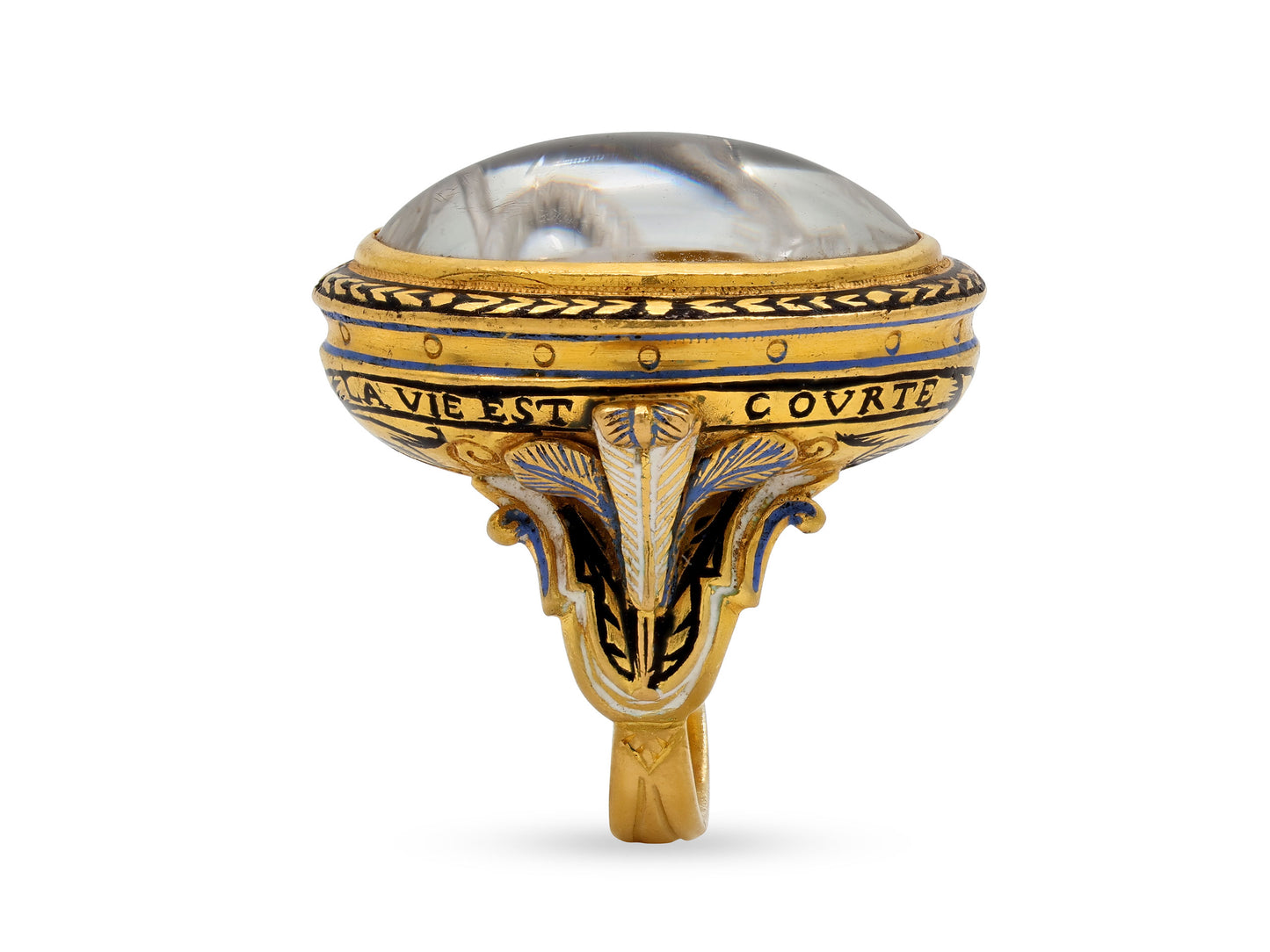 'La vie est courte, la mort éternelle' Reverse Carved Crystal and Enamel Ring, attributed to Codognato, in 18K Gold