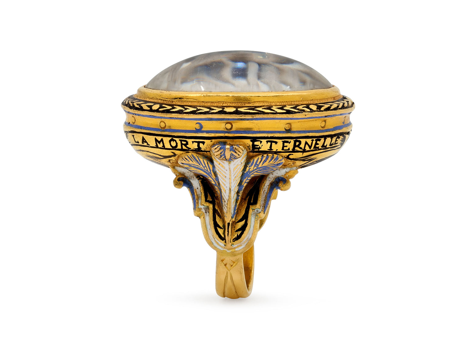 'La vie est courte, la mort éternelle' Reverse Carved Crystal and Enamel Ring, attributed to Codognato, in 18K Gold