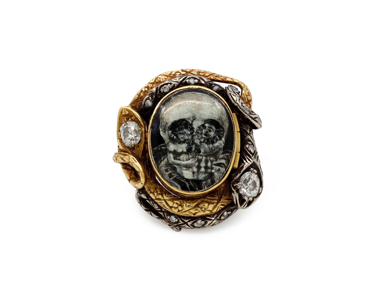 Codognato Skull and Snake Locket Ring in 18K Gold and Silver
