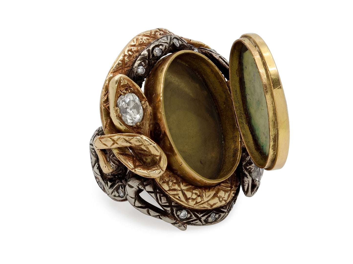 Codognato Skull and Snake Locket Ring in 18K Gold and Silver