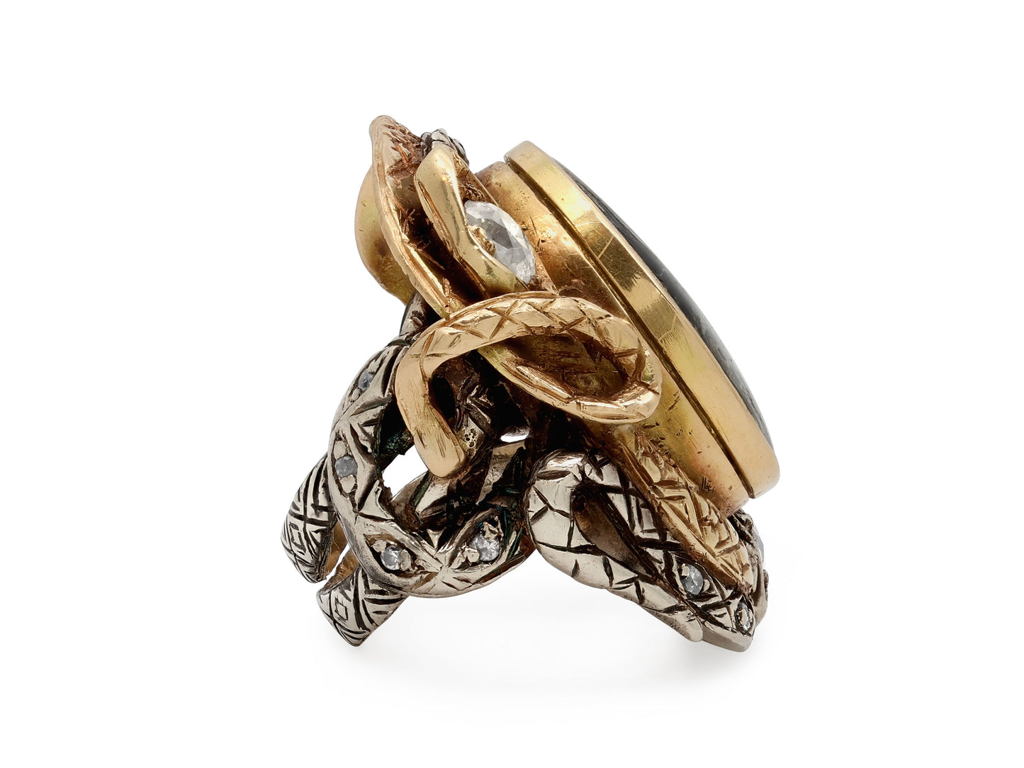 Codognato Skull and Snake Locket Ring in 18K Gold and Silver