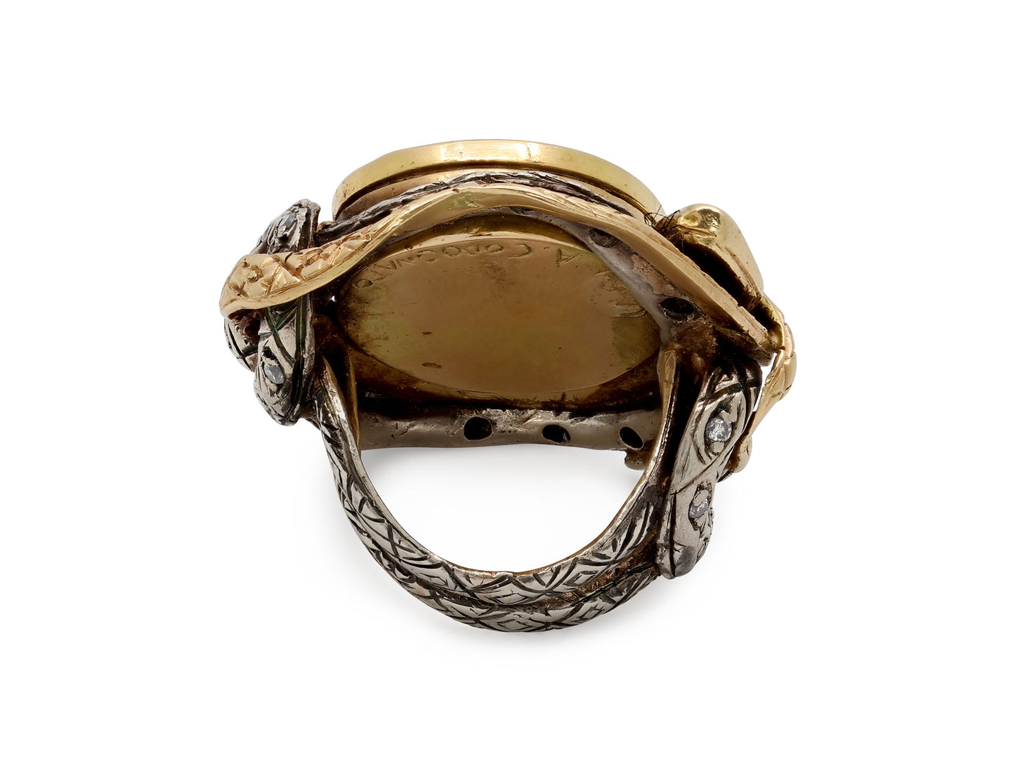 Codognato Skull and Snake Locket Ring in 18K Gold and Silver