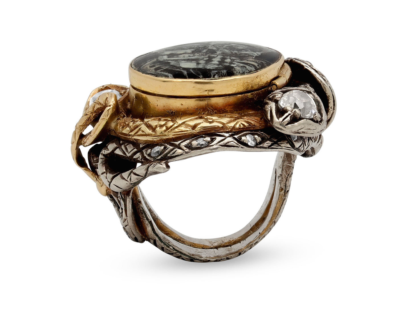 Codognato Skull and Snake Locket Ring in 18K Gold and Silver
