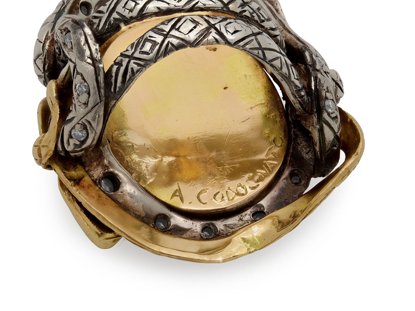Codognato Skull and Snake Locket Ring in 18K Gold and Silver