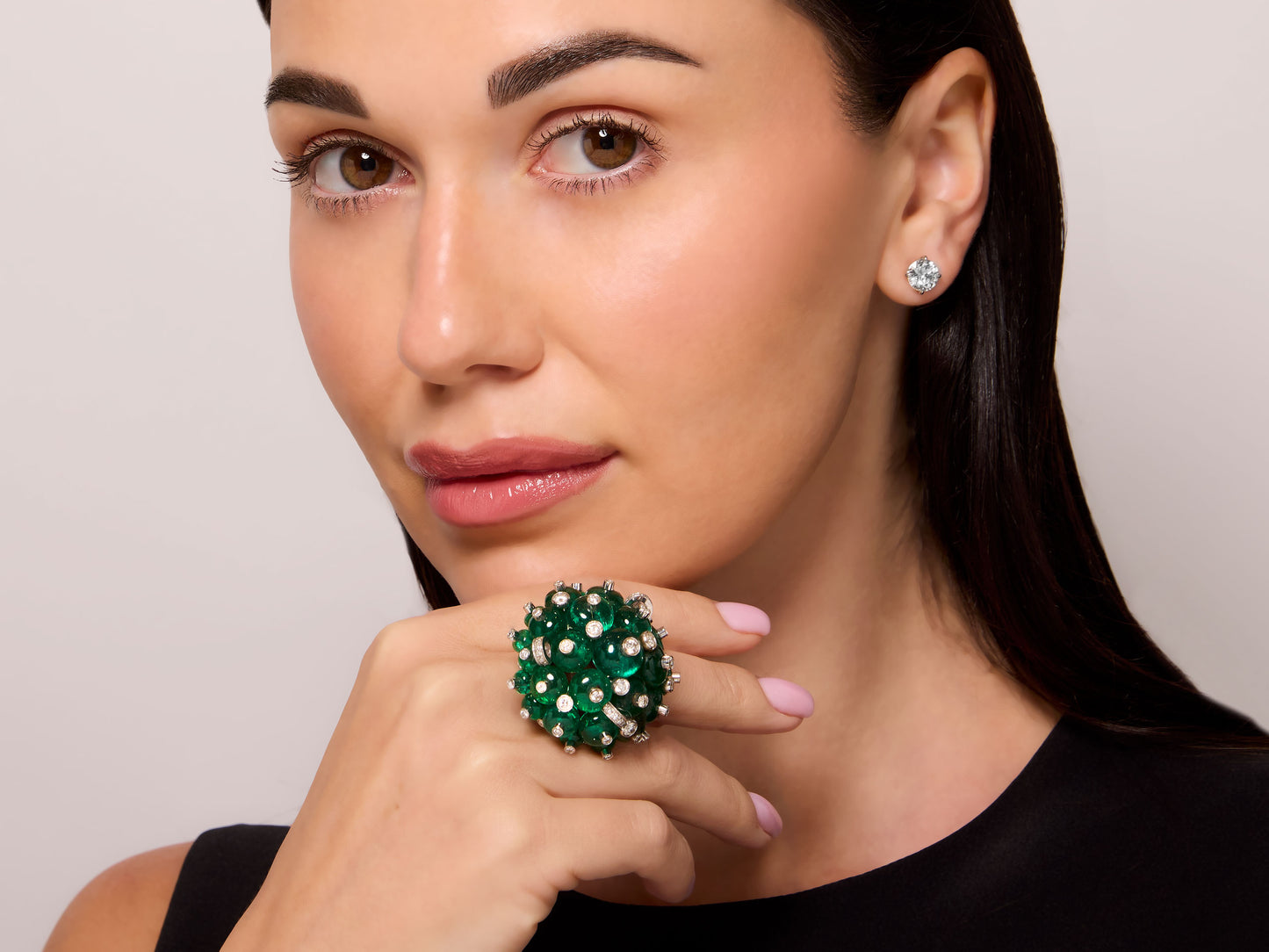 Codognato Emerald Bead and Diamond Ring in 18K White Gold