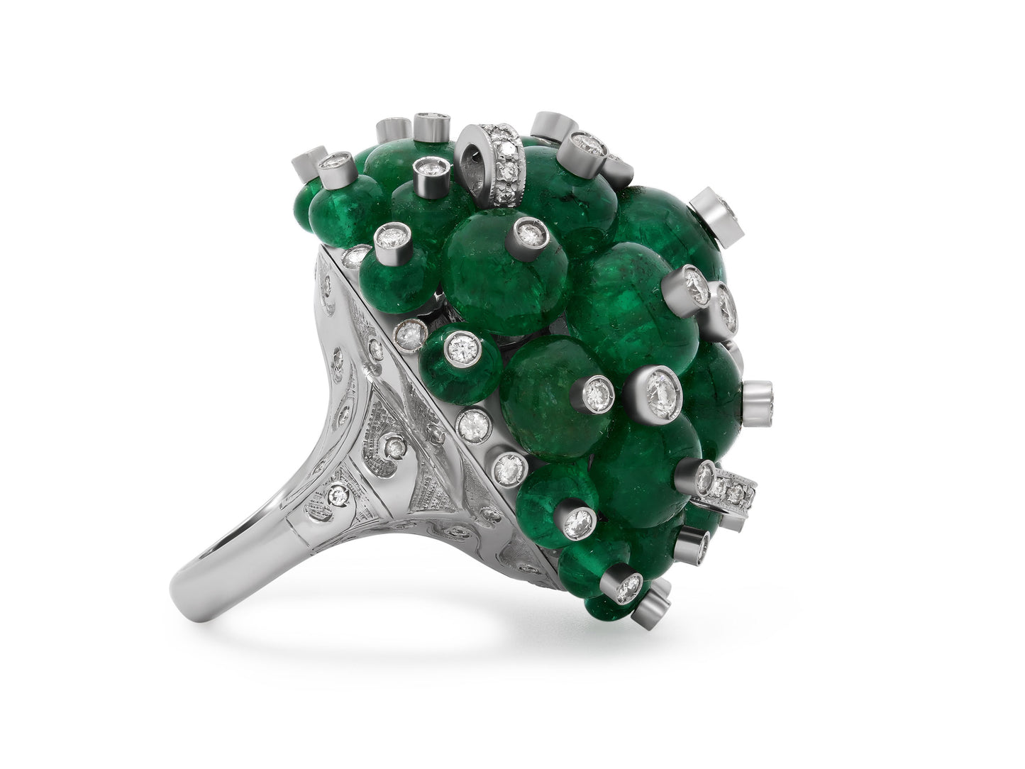 Codognato Emerald Bead and Diamond Ring in 18K White Gold