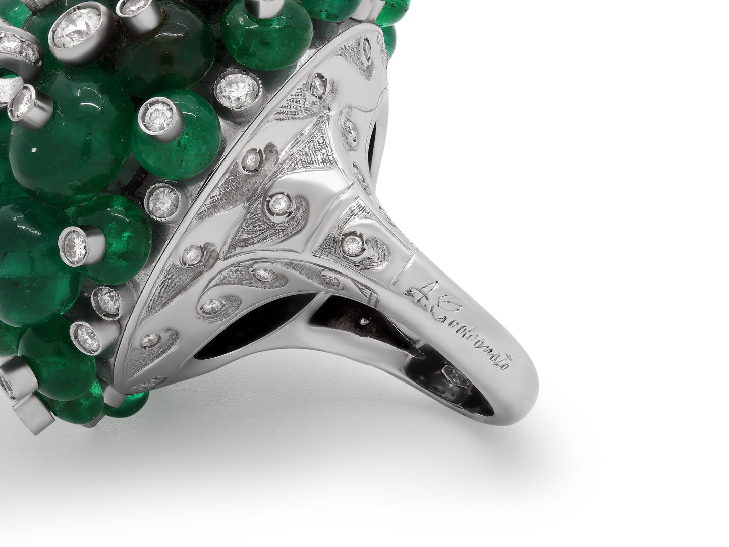 Codognato Emerald Bead and Diamond Ring in 18K White Gold