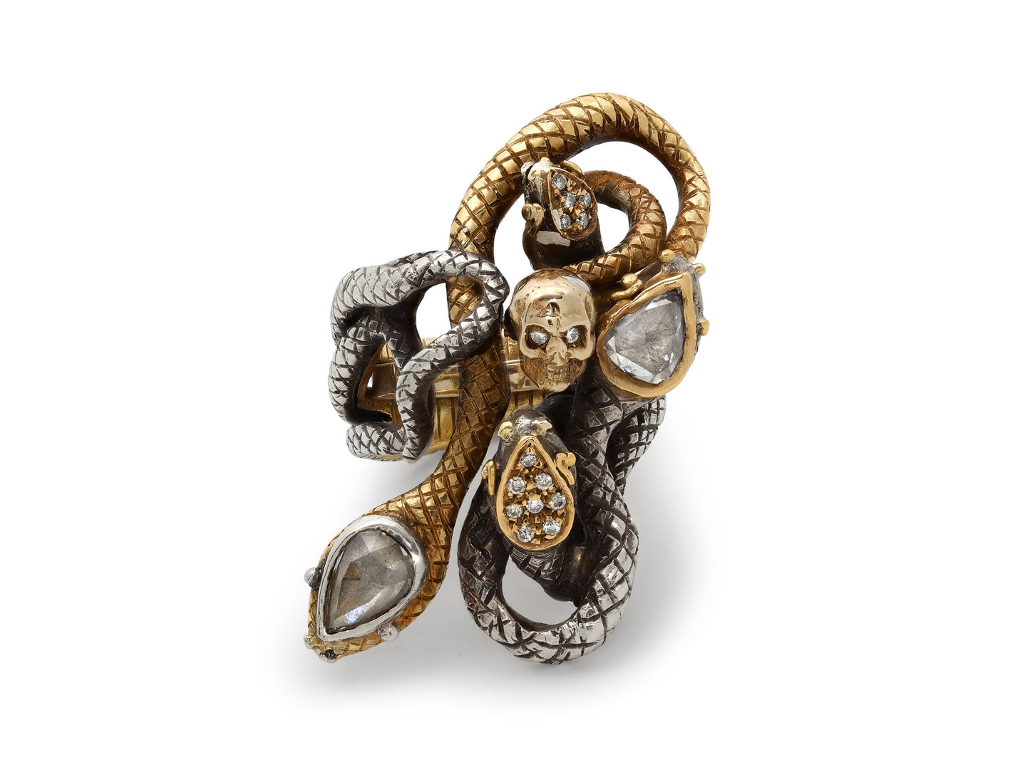 Codognato Skull and Snake Diamond Ring in 18K Gold and Silver