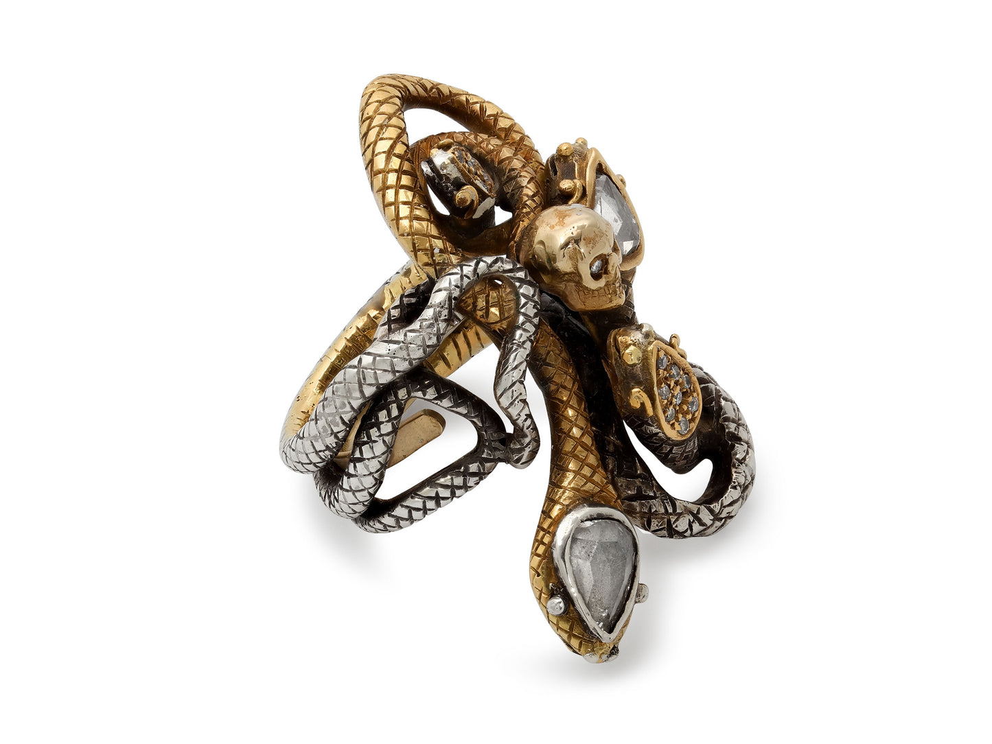 Codognato Skull and Snake Diamond Ring in 18K Gold and Silver