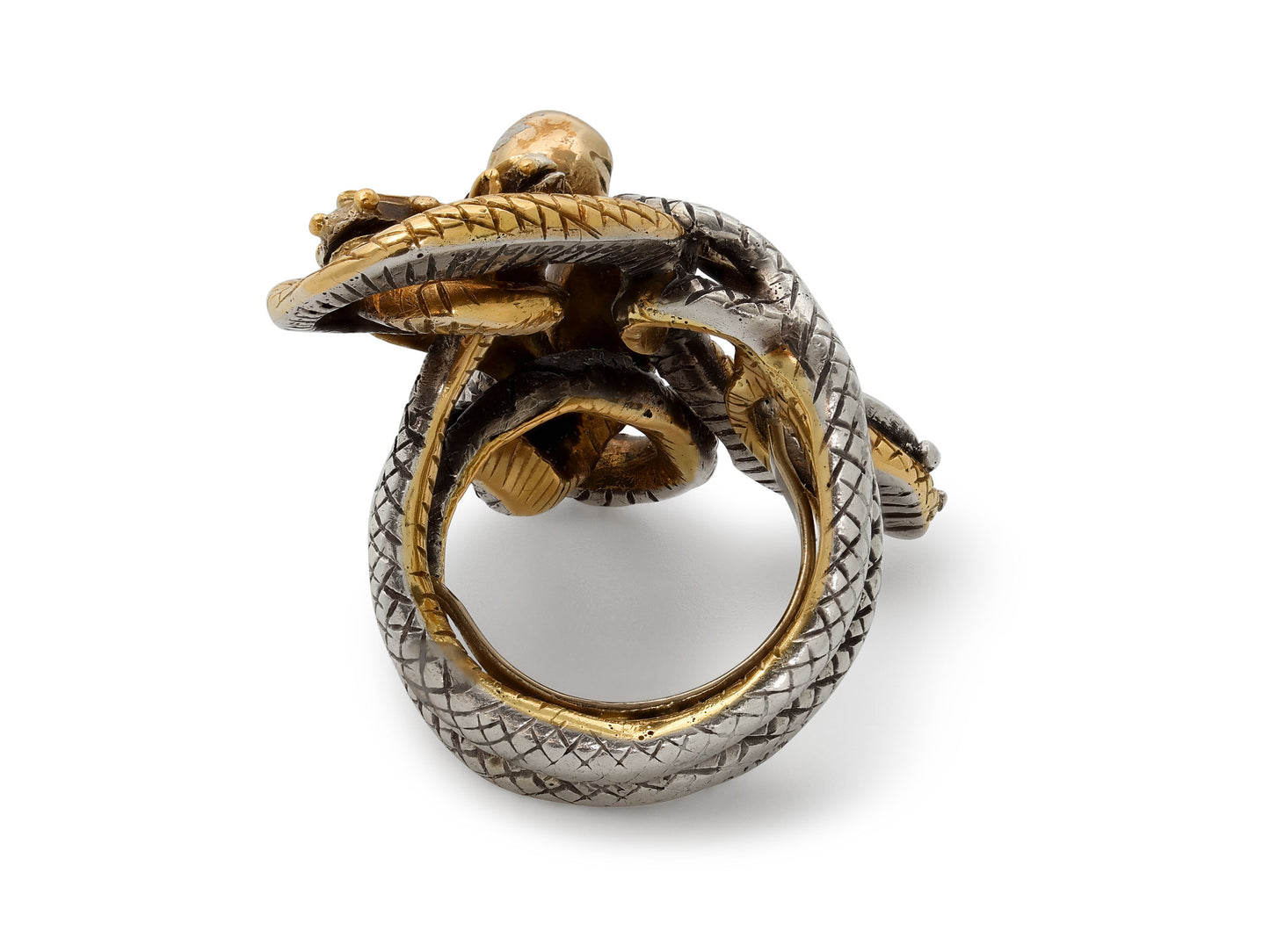 Codognato Skull and Snake Diamond Ring in 18K Gold and Silver