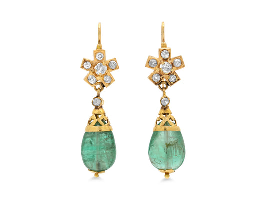 Antique Victorian Emerald and Diamond Earrings in 18K Gold