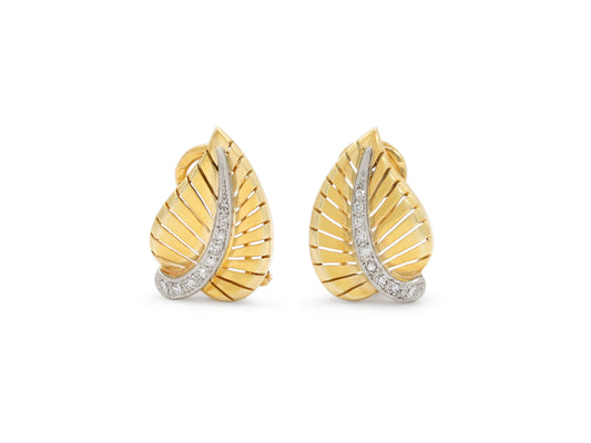 Diamond Leaf Earrings in 14K Gold by Beladora, featuring yellow gold leaf motifs with white gold diamond set midribs and omega backs