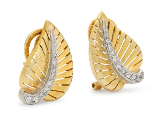 Diamond Leaf Earrings in 14K Gold by Beladora featuring sculptural yellow gold leaves with white gold midribs set with graduating single cut diamonds
