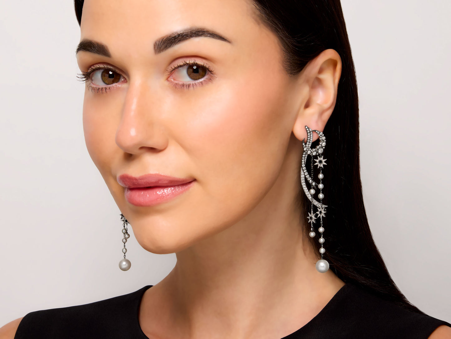 Colette 'Moon Shadow Duster' Diamond and Pearl Earrings in 18K Gold