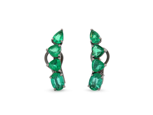 Jack Vartanian Emerald Earrings in 18K Blackened Gold with oval, trillion, heart, and pear shape emeralds in blackened gold settings, by Beladora