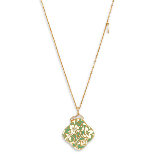 Agaro 'Jasmine Garden Clover' Diamond and Enamel Pendant Necklace in 22K Gold by Beladora, green and white floral enamel clover pendant on a gold chain