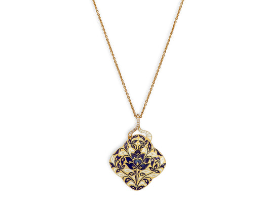 Agaro 'Jasmine Garden Clover' Diamond and Enamel Pendant Necklace in 22K Gold, showing blue and white floral enamel on a gold chain by Beladora