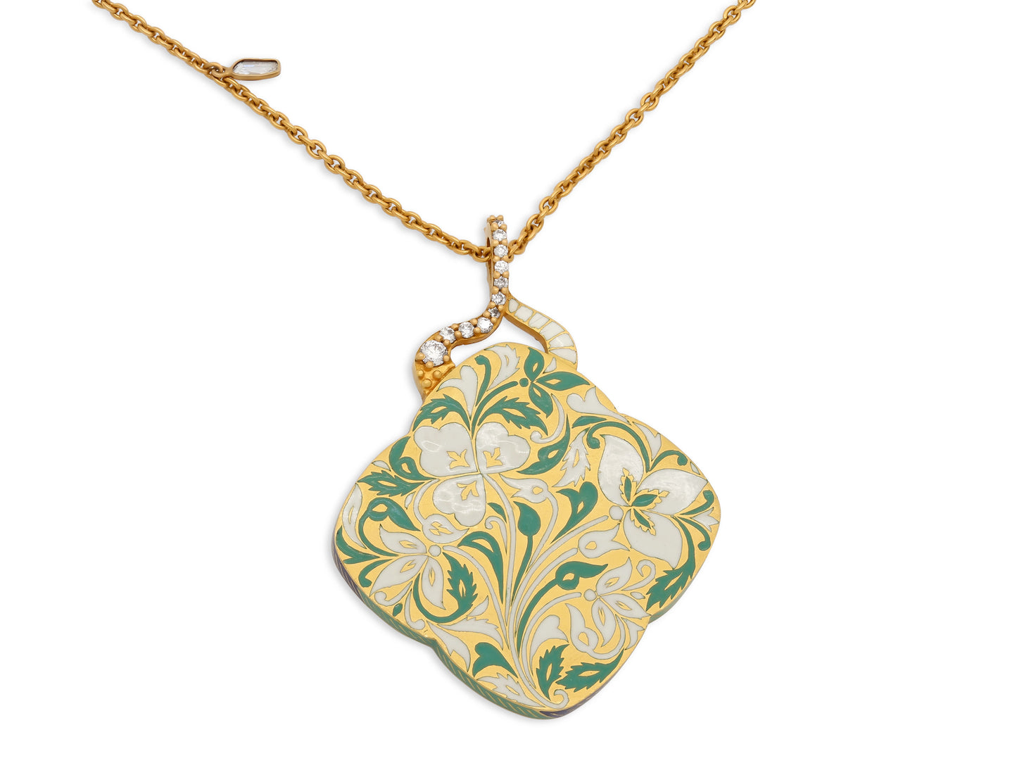 Agaro 'Jasmine Garden Clover' Diamond and Enamel Pendant Necklace in 22K Gold