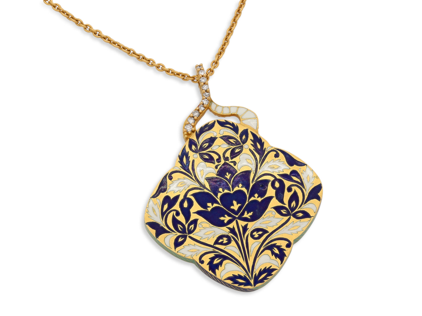 Agaro 'Jasmine Garden Clover' Diamond and Enamel Pendant Necklace in 22K Gold