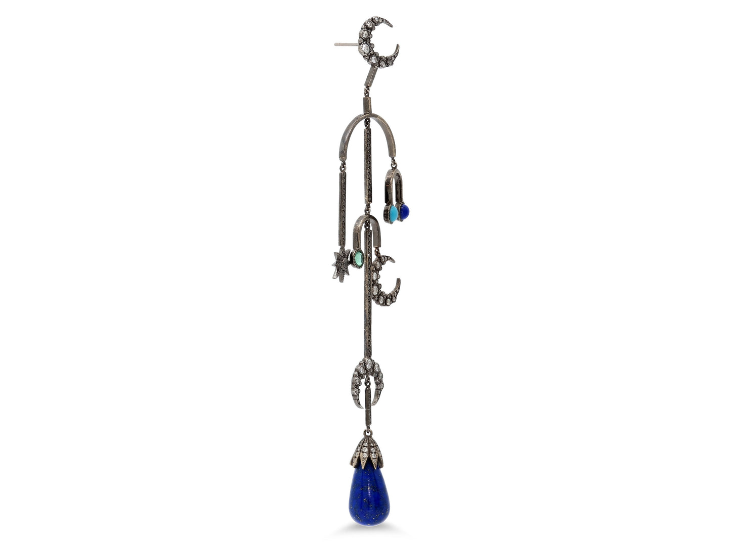 Colette 'Mobile Moon Stud' Diamond, Lapis, Turquoise and Emerald Earring in 18K Blackened Gold
