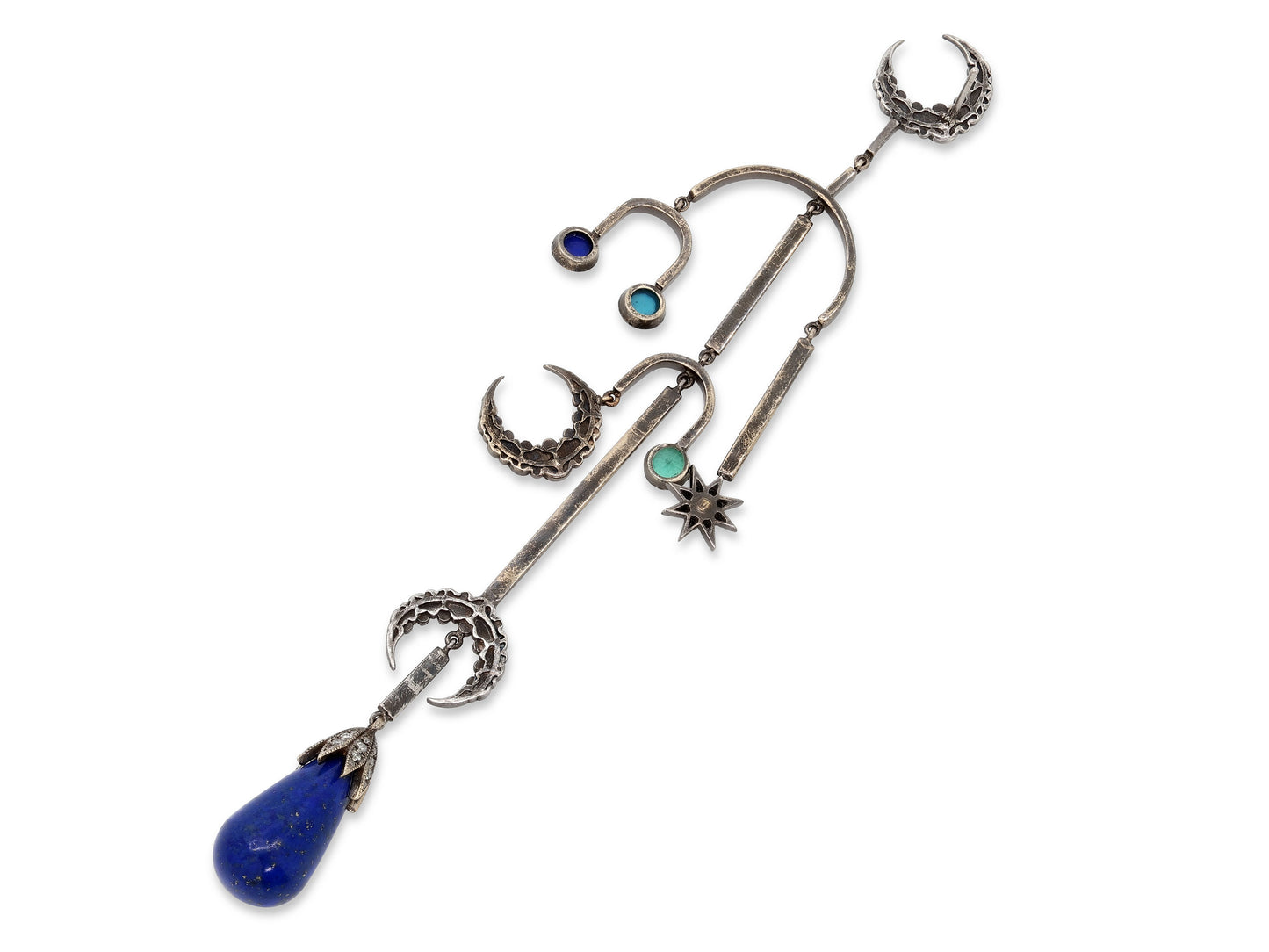 Colette 'Mobile Moon Stud' Diamond, Lapis, Turquoise and Emerald Earring in 18K Blackened Gold