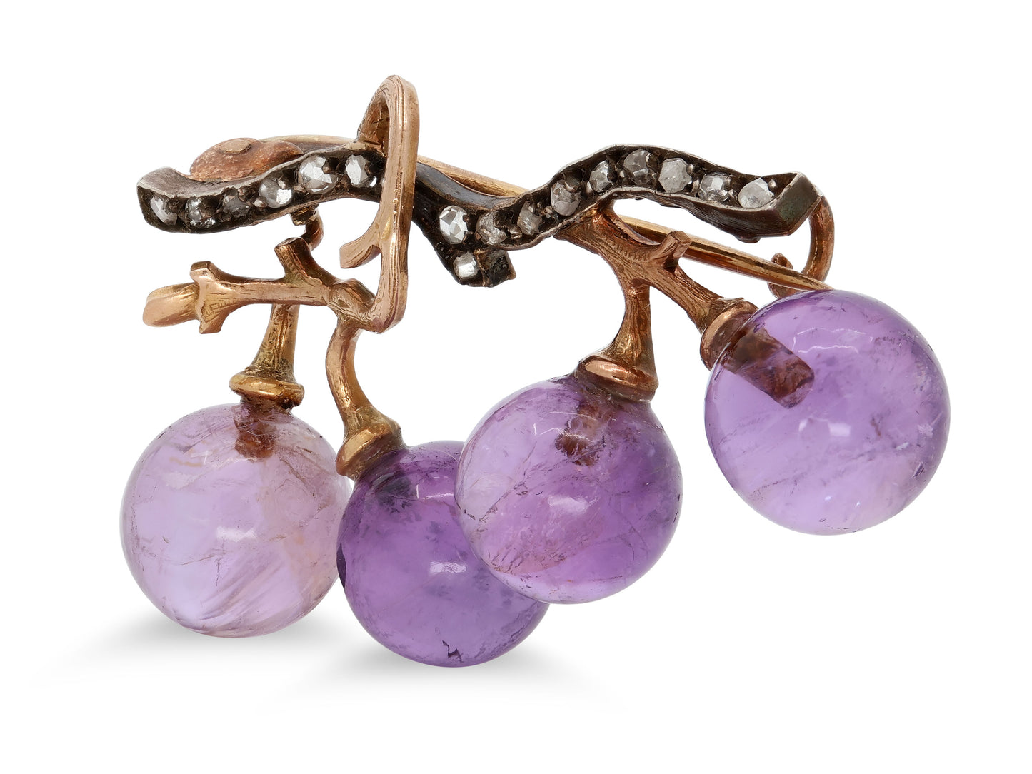 Antique Art Nouveau Diamond and Amethyst Grape Brooch, Attributed to Fonseque et Olive, in Silver and 18K Gold