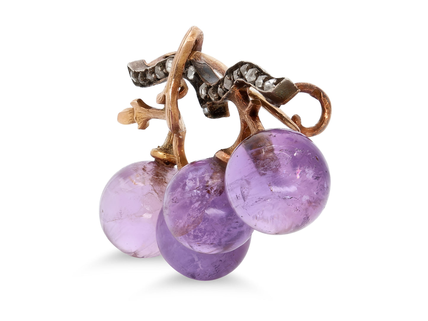 Antique Art Nouveau Diamond and Amethyst Grape Brooch, Attributed to Fonseque et Olive, in Silver and 18K Gold