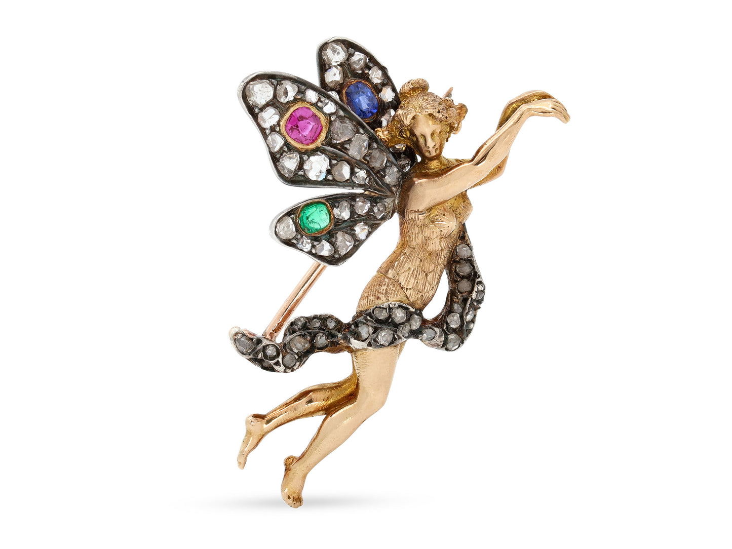 Antique Victorian Diamond Fairy Brooch in 18K Gold and Silver