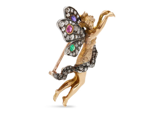 Antique Victorian Diamond Fairy Brooch in 18K Gold and Silver