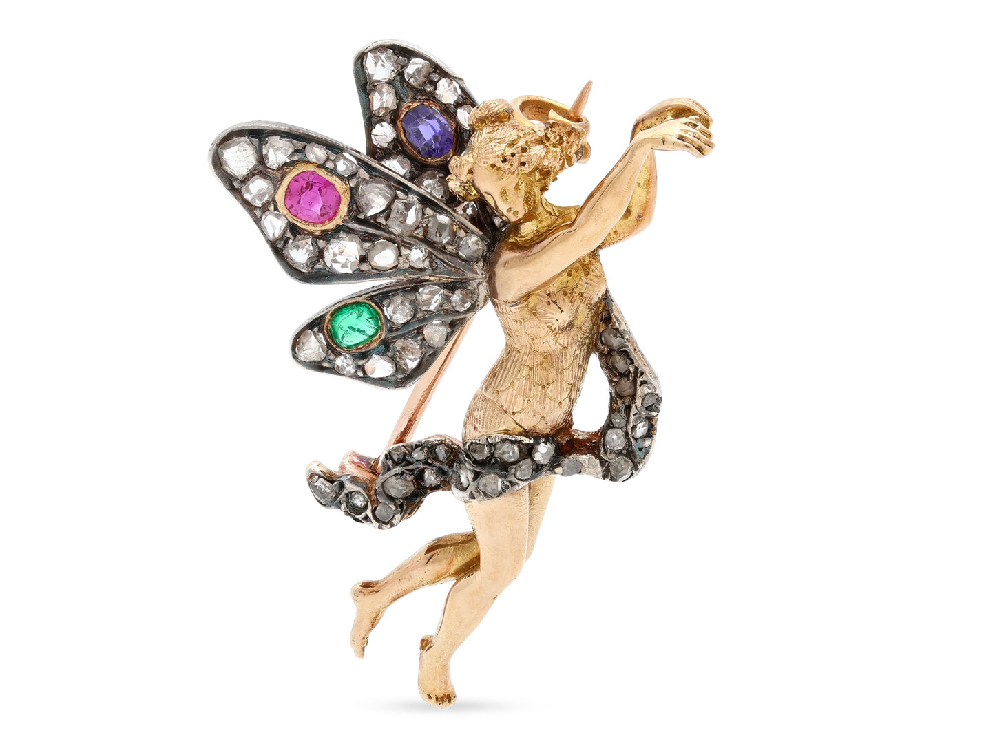 Antique Victorian Diamond Fairy Brooch in 18K Gold and Silver