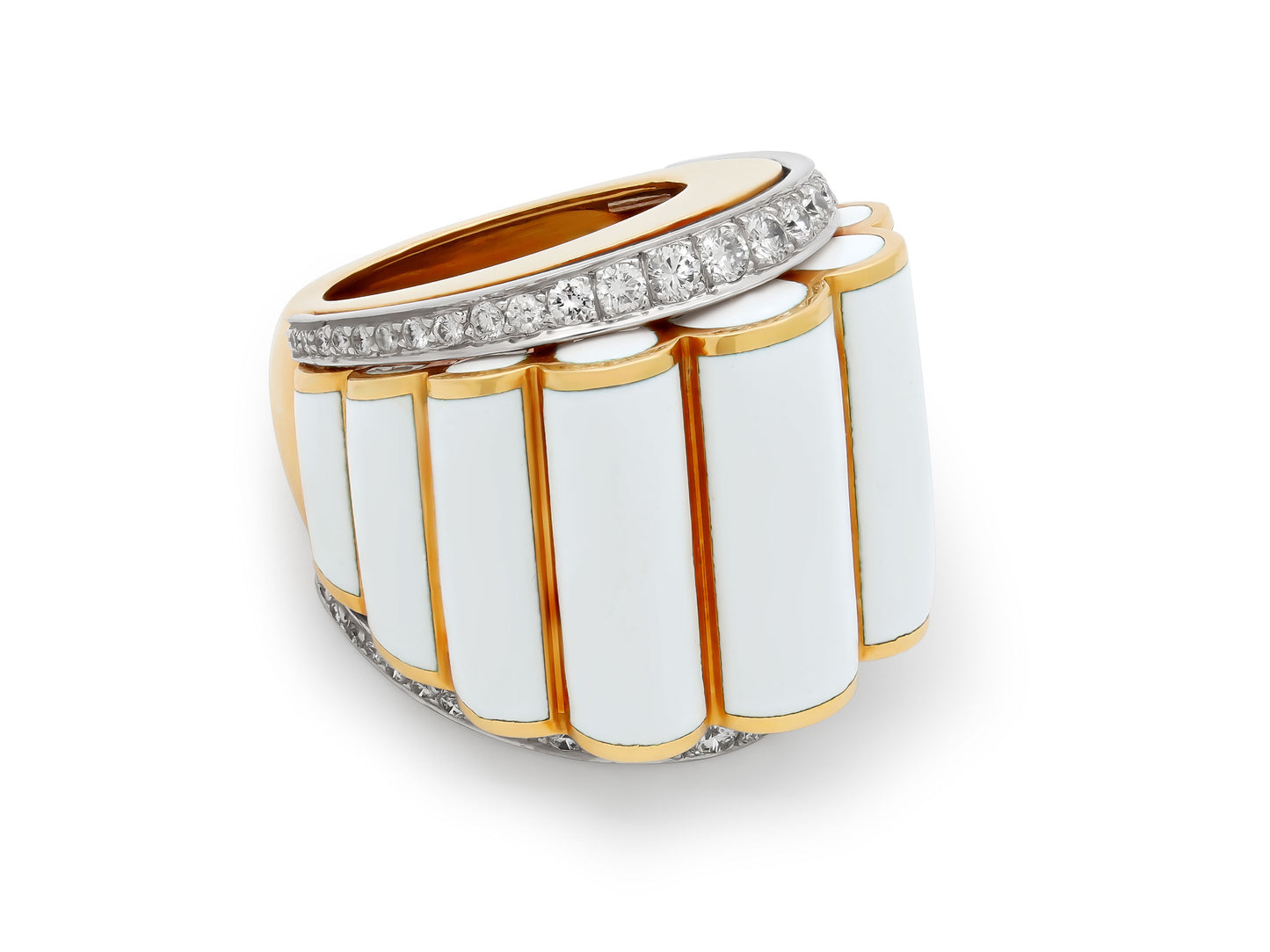 David Webb 'Scallop' White Enamel and Diamond Ring in 18K Gold