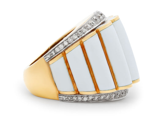 David Webb 'Scallop' White Enamel and Diamond Ring in 18K Gold