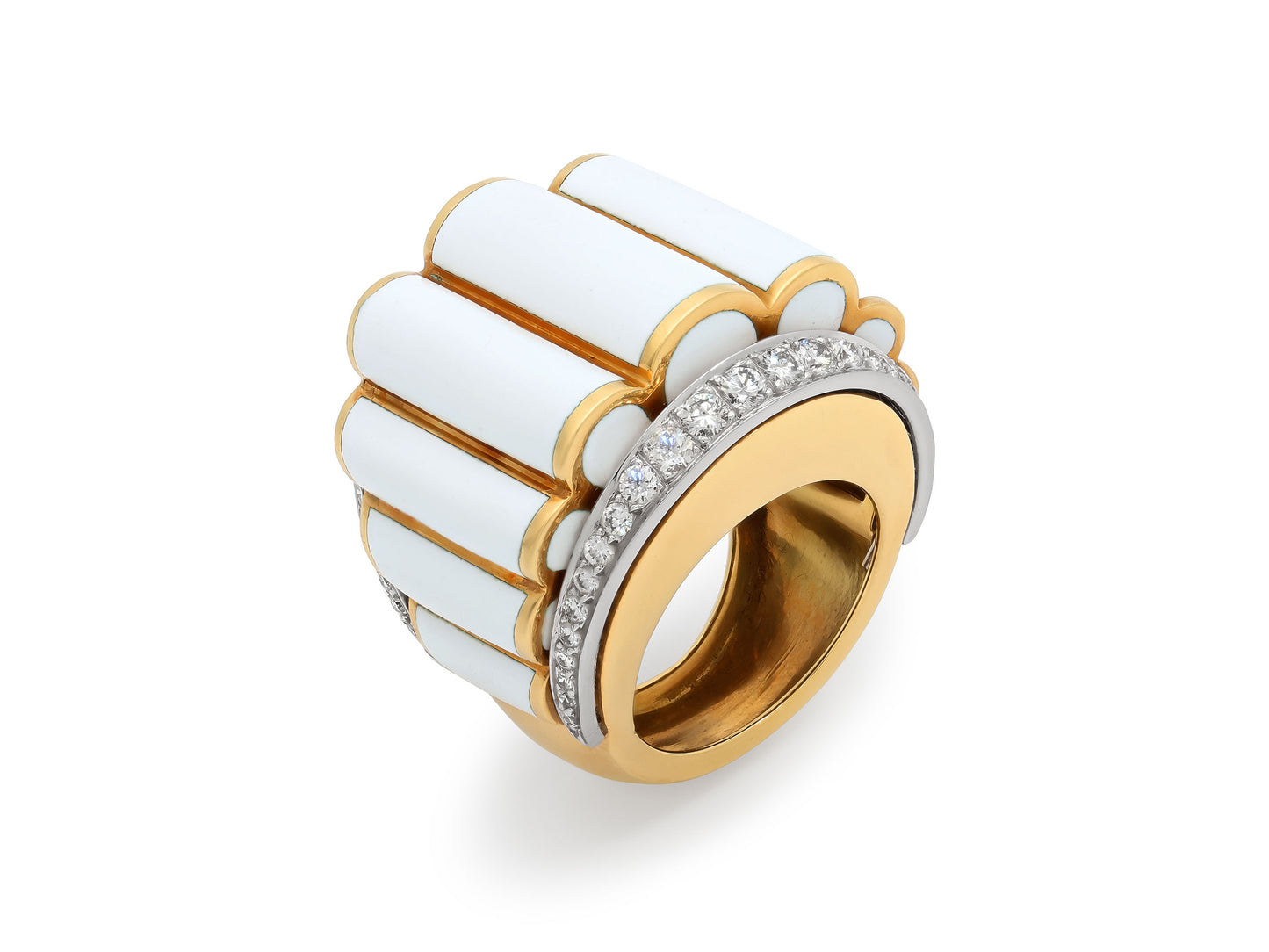 David Webb 'Scallop' White Enamel and Diamond Ring in 18K Gold