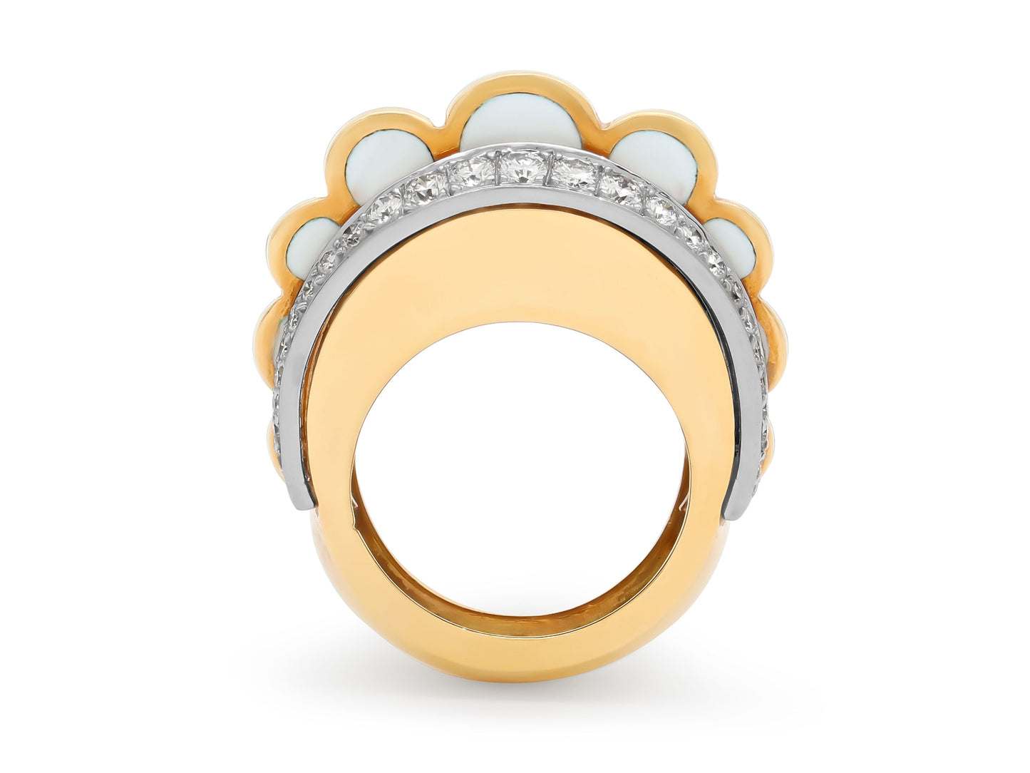 David Webb 'Scallop' White Enamel and Diamond Ring in 18K Gold
