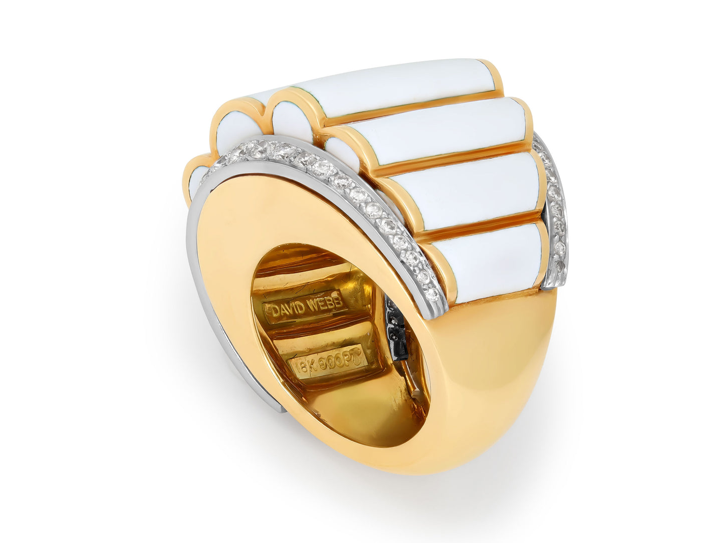 David Webb 'Scallop' White Enamel and Diamond Ring in 18K Gold